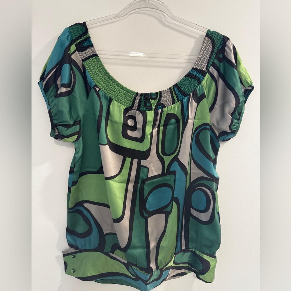 Silk Geometric Green and Black Women's Top, size M